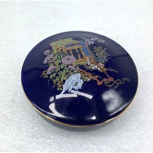 Vintage Japanese Kutani Porcelain Lidded Box Rickshaw Scene Flowers‎ Cobalt Blue